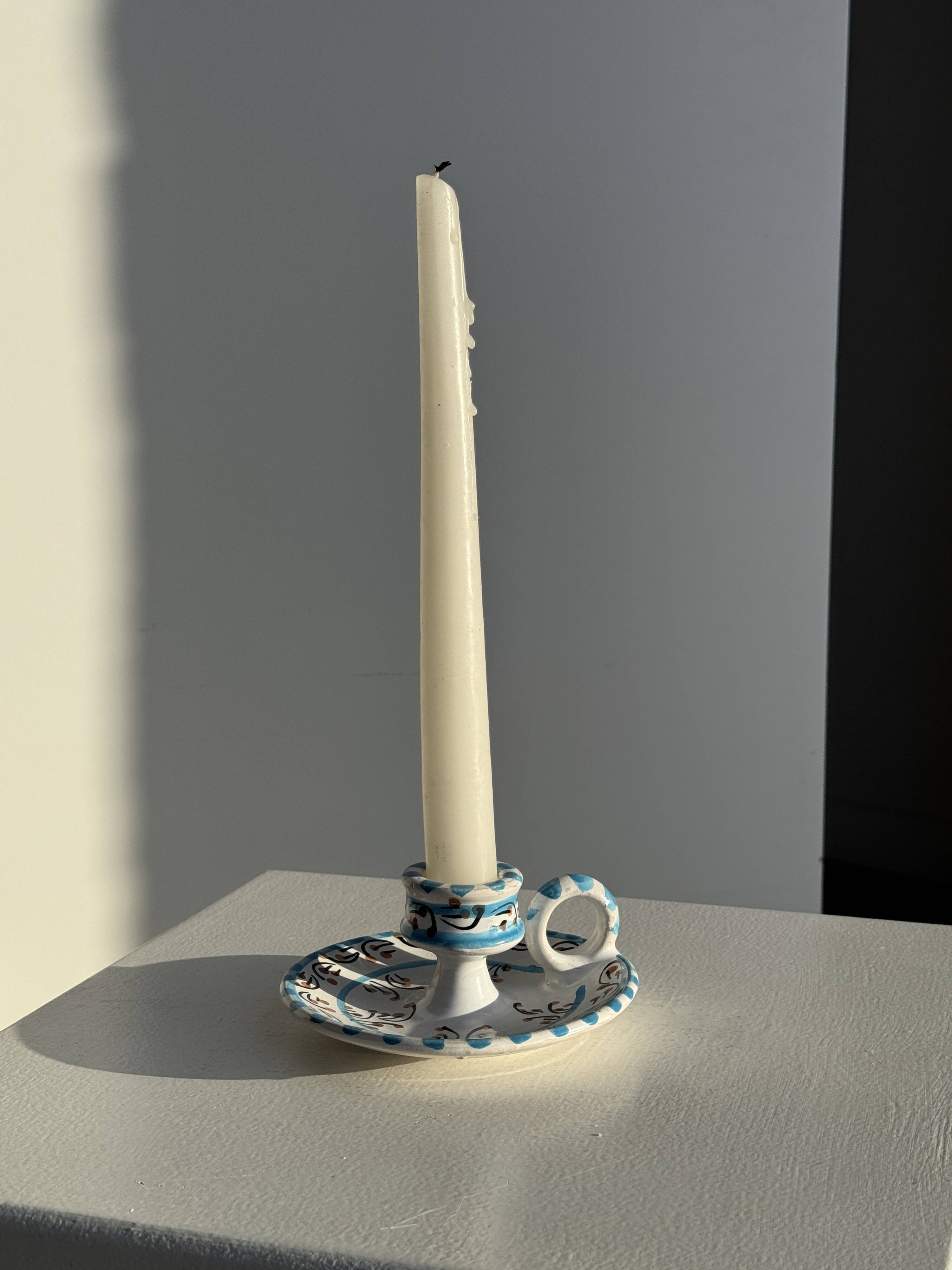 Light blue Moustiers candlestick H5 D12.5