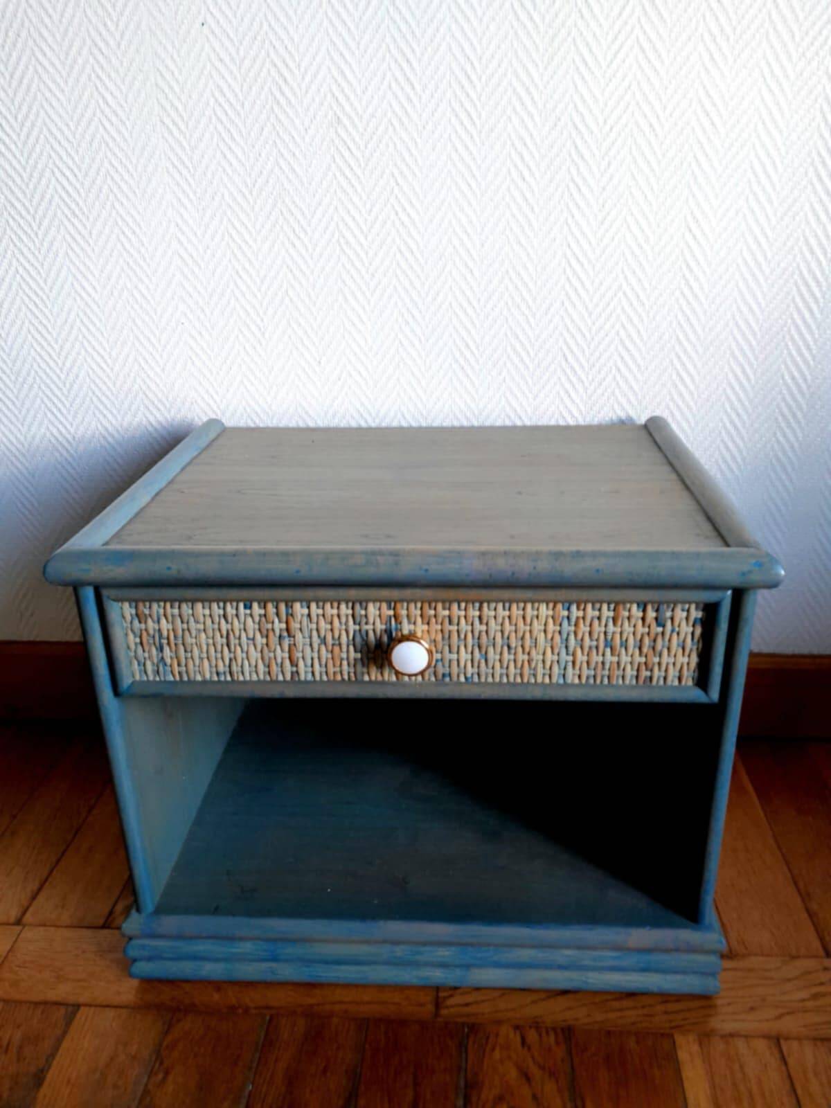 Pair of vintage Maugrion style rattan bedside tables.