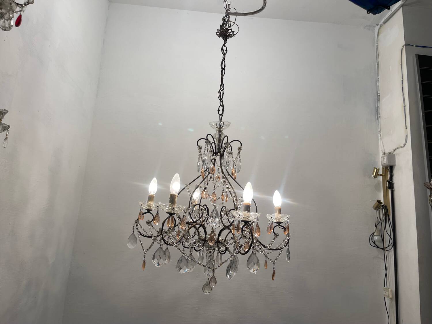 Bronze Pink Crystal Chandelier 1950’s
