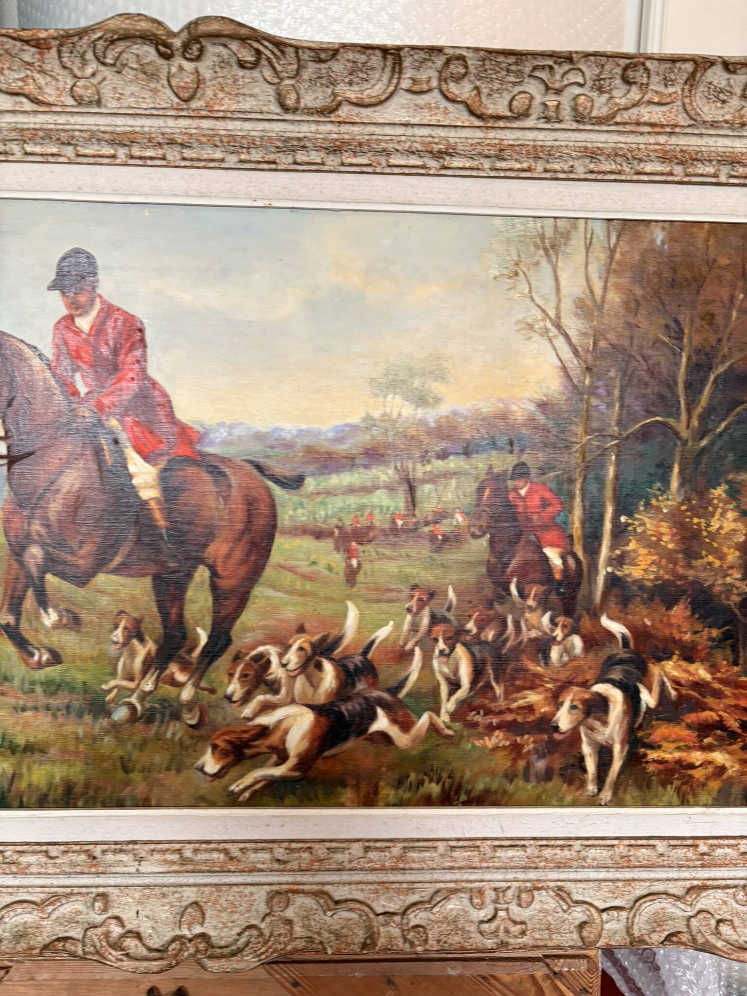 Oil Painting Canvas Hunting Hound Horse Signed Lebailly