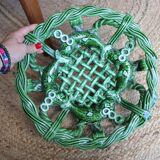 Antique woven basket in green glazed ceramic, fish decoration
