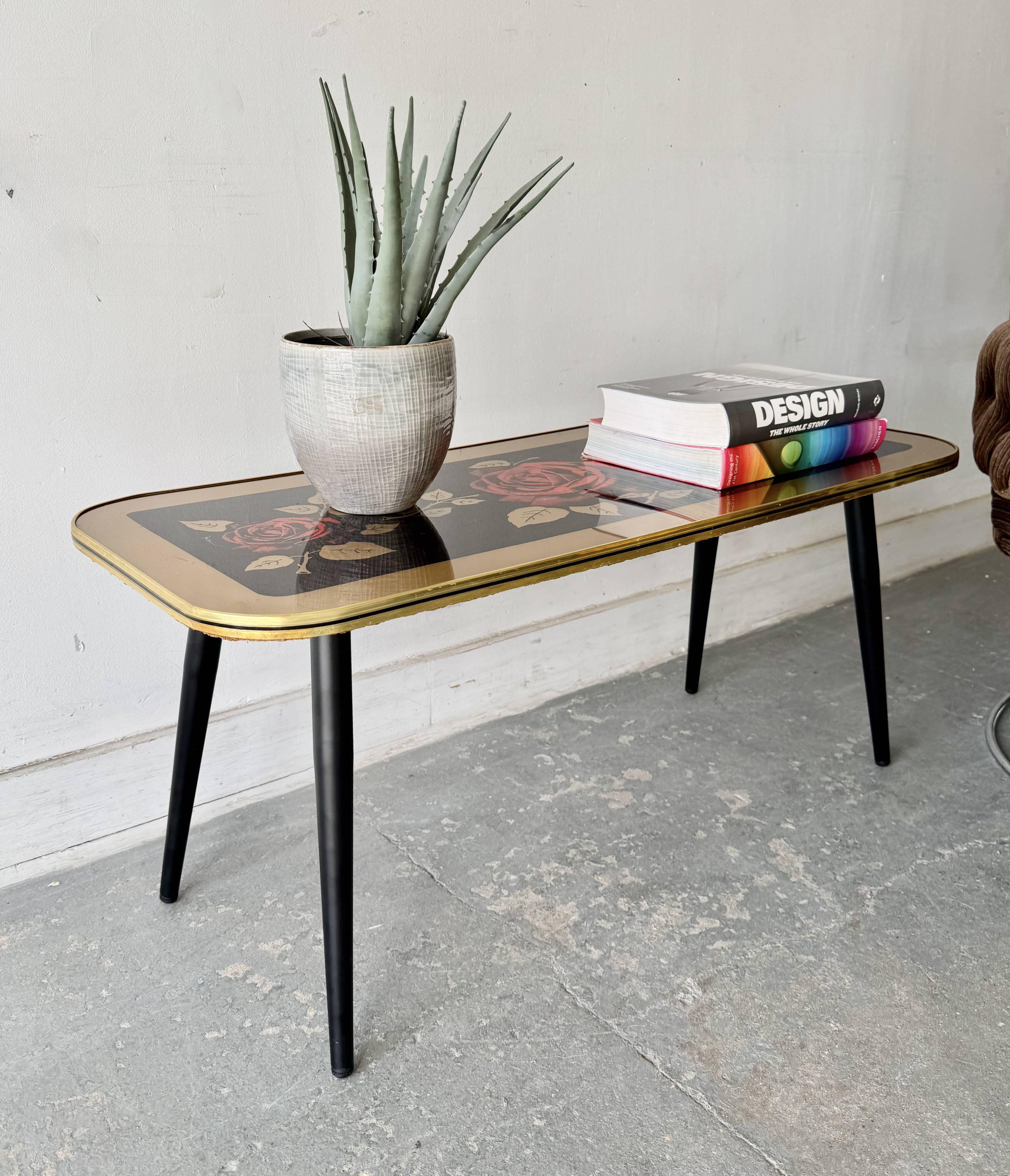 Vintage Coffee Table Floral Glass Top Tapered Legs