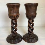 Pair of large twisted wooden candlesticks