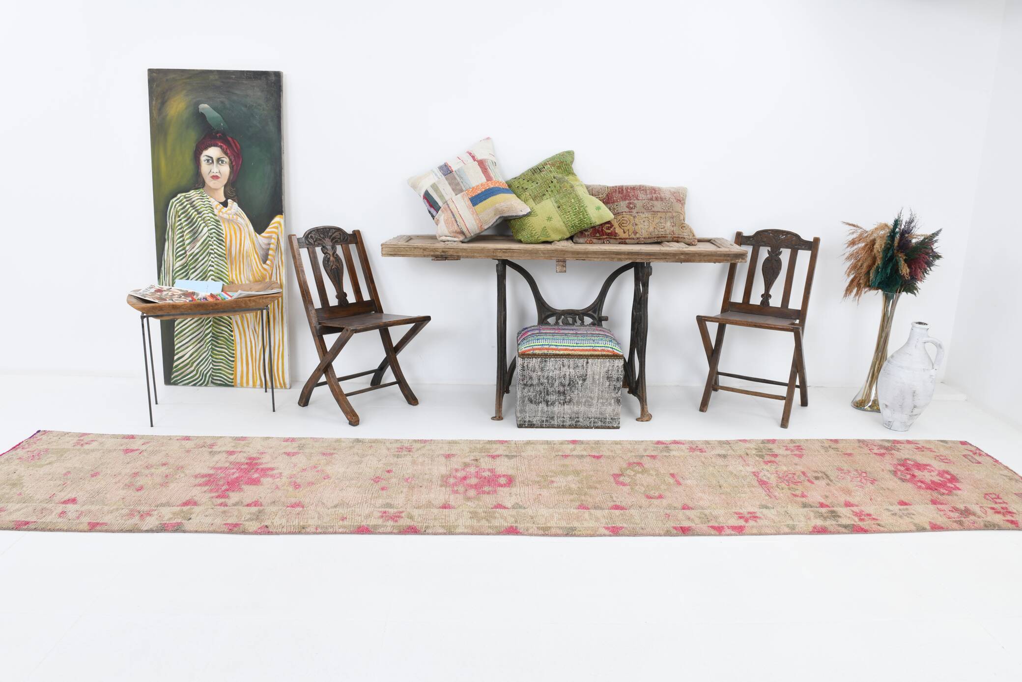 3x13 Rug For Kitchen Pink Beige Herki Vintage Runner Rug, 79x402Cm SK 4146