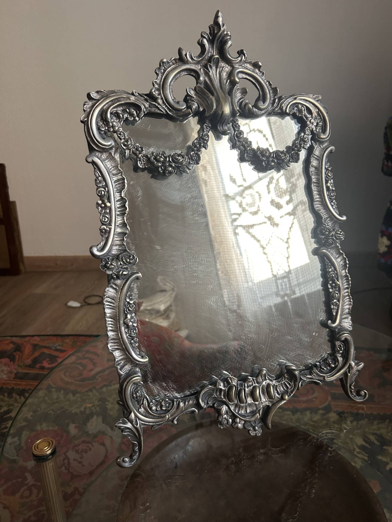 Large silvered bronze table mirror – 19th century – Louis XVI style