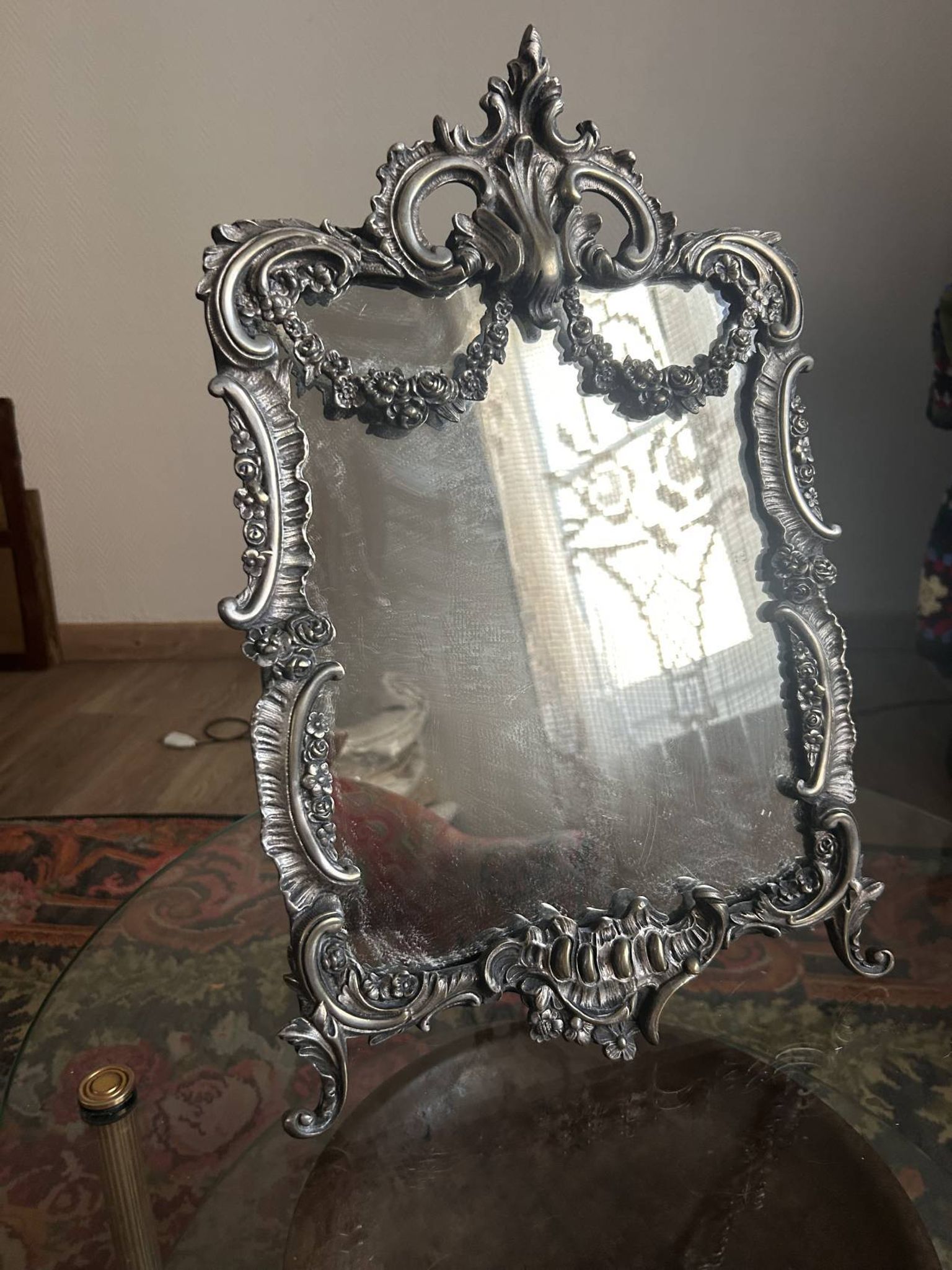 Large silvered bronze table mirror – 19th century – Louis XVI style