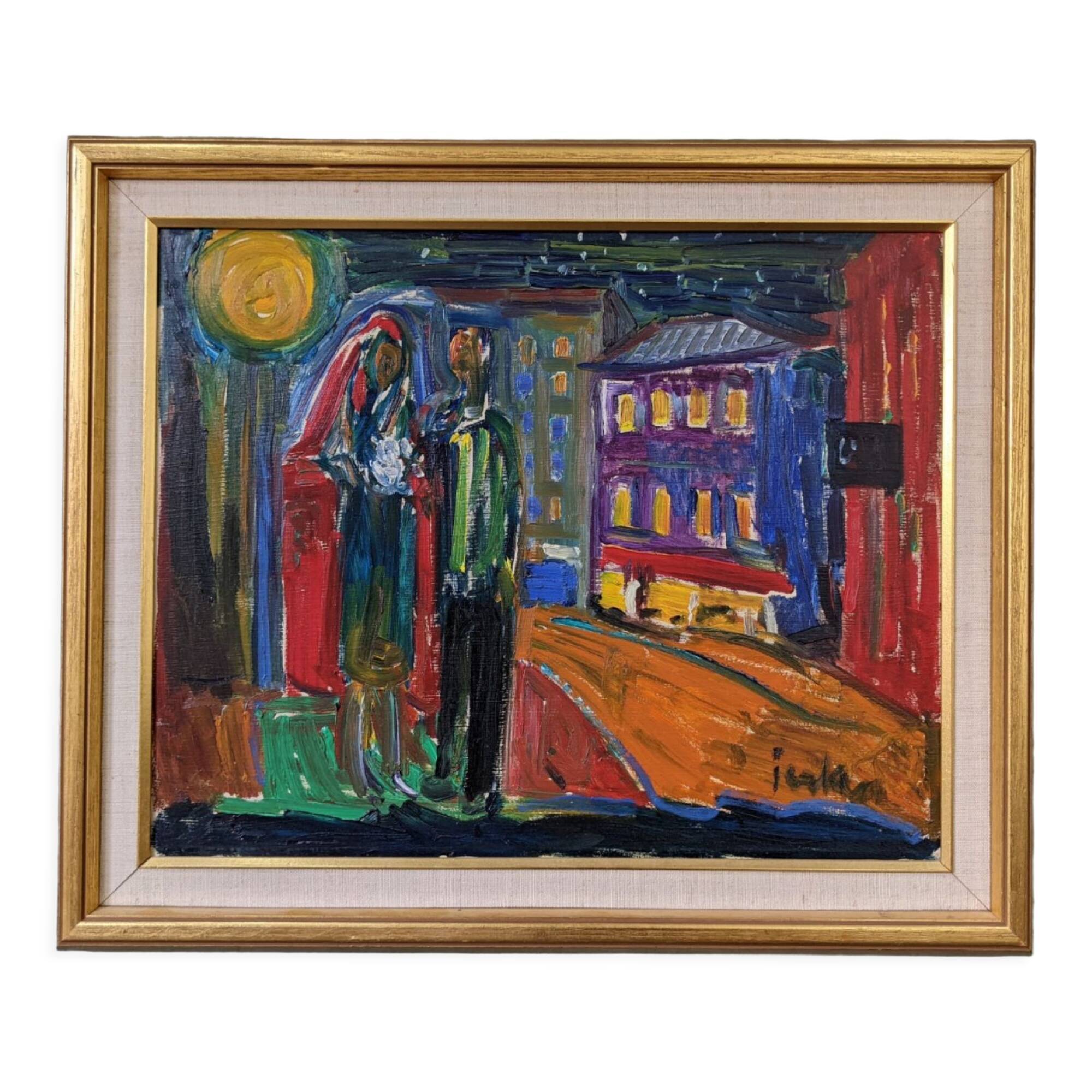 Mid-Century Modern Swedish "Just Married" Vintage Street Scene, Framed Oil Painting