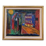 Mid-Century Modern Swedish "Just Married" Vintage Street Scene, Framed Oil Painting