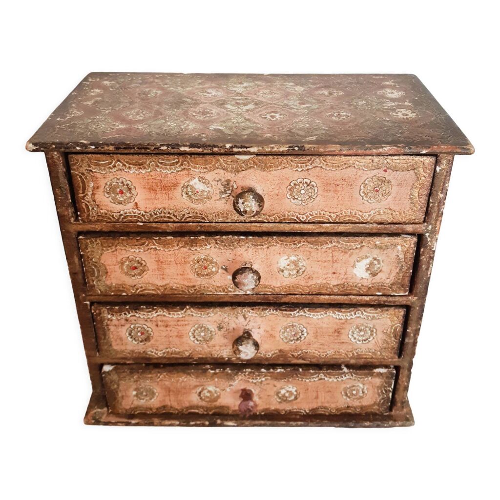 Boite à Bijoux Art Déco Moderniste En Forme De Commode Cuir Sur Bois Laiton Rare