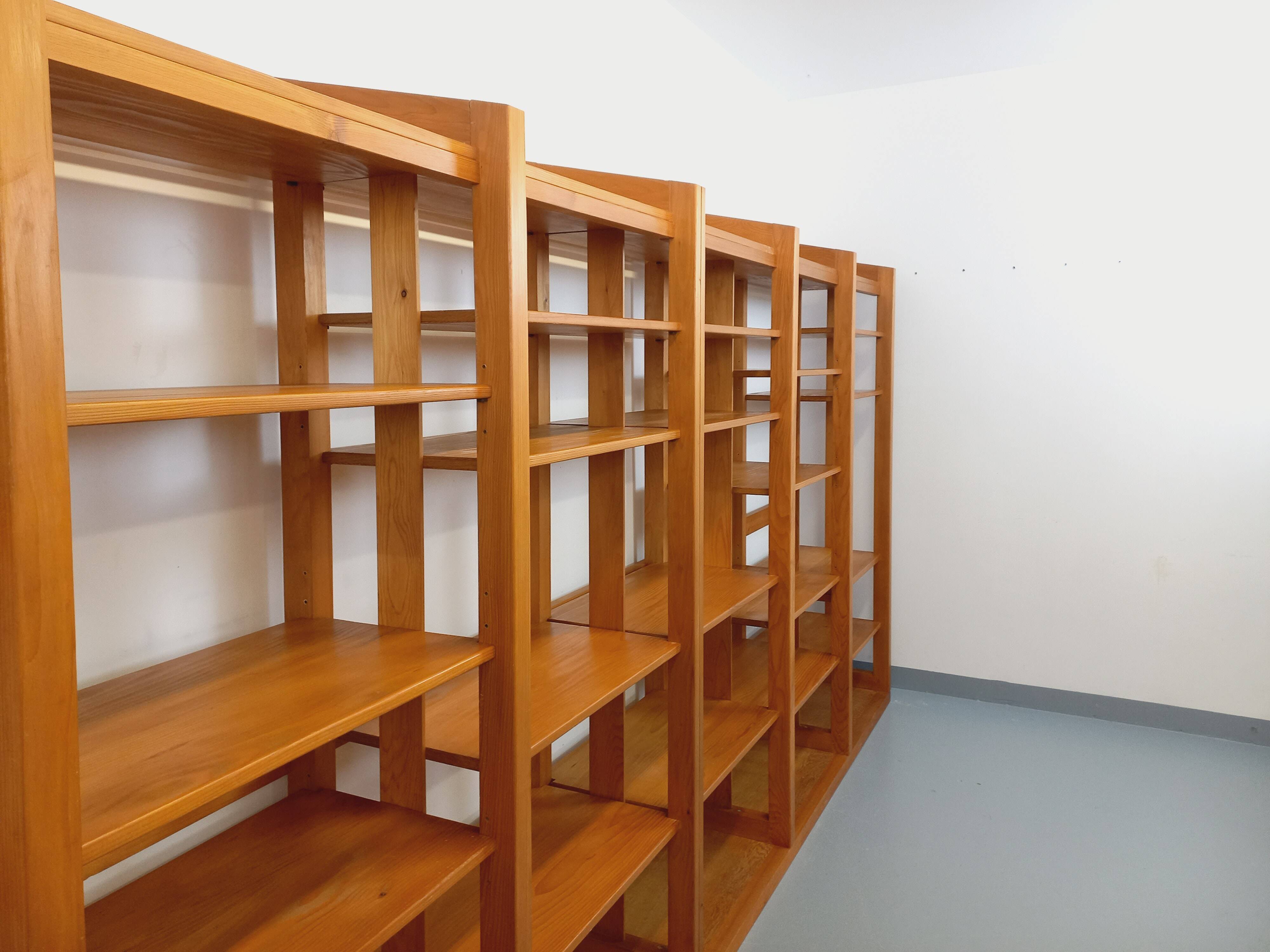 Large modular library of 6 parts with 30 vintage wooden shelves.