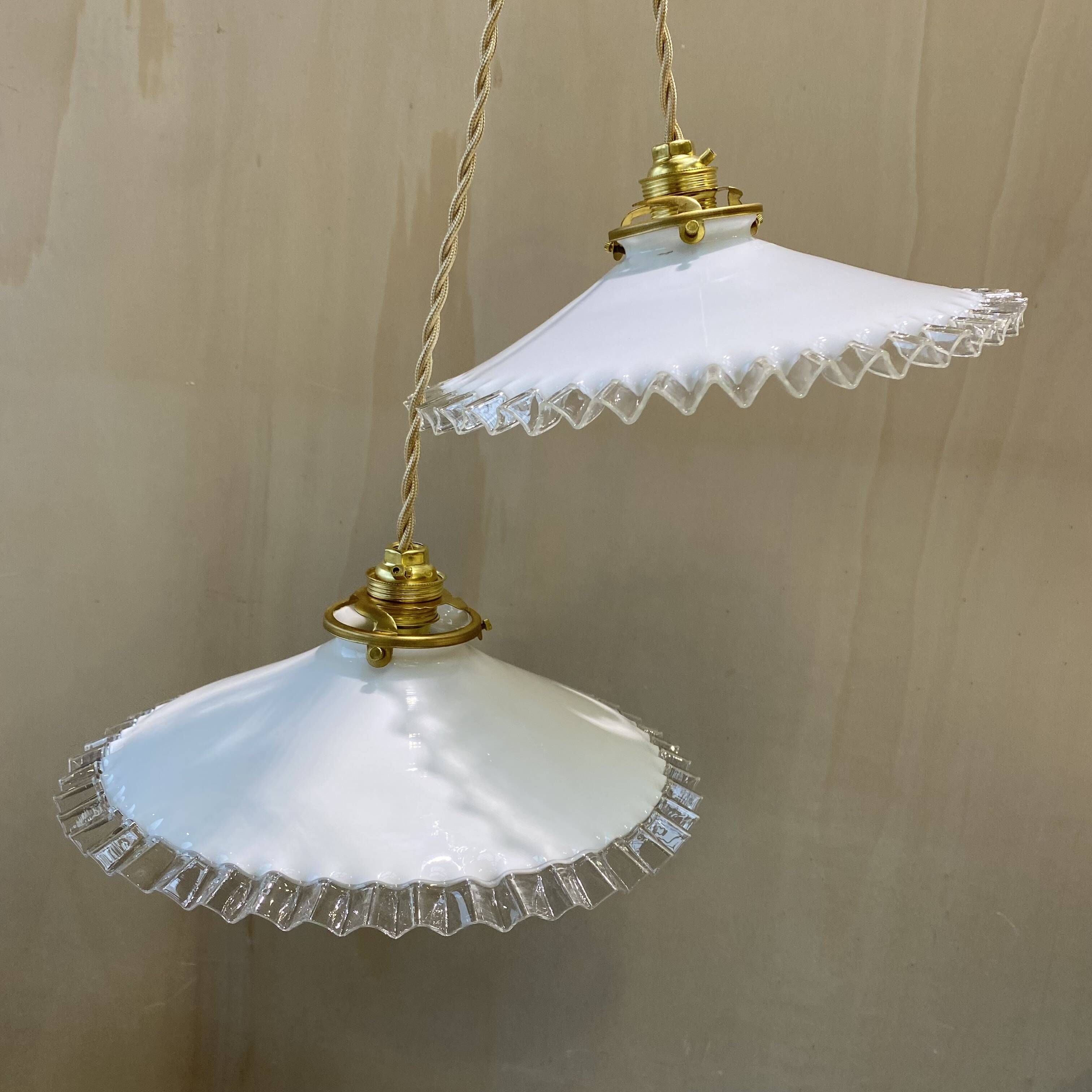 Pair of vintage pendant lights in opaline and transparent serrated edges