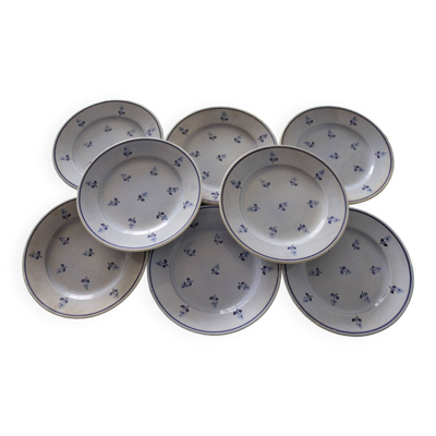8 assiettes à dessert anciennes bleues fleuries faïencerie nouvelle