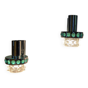 Pair of Space Age wall lights in chrome and green glass, 1970s.