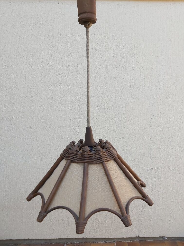 Scandinavian rattan hanging lamp, wood and vintage fabric