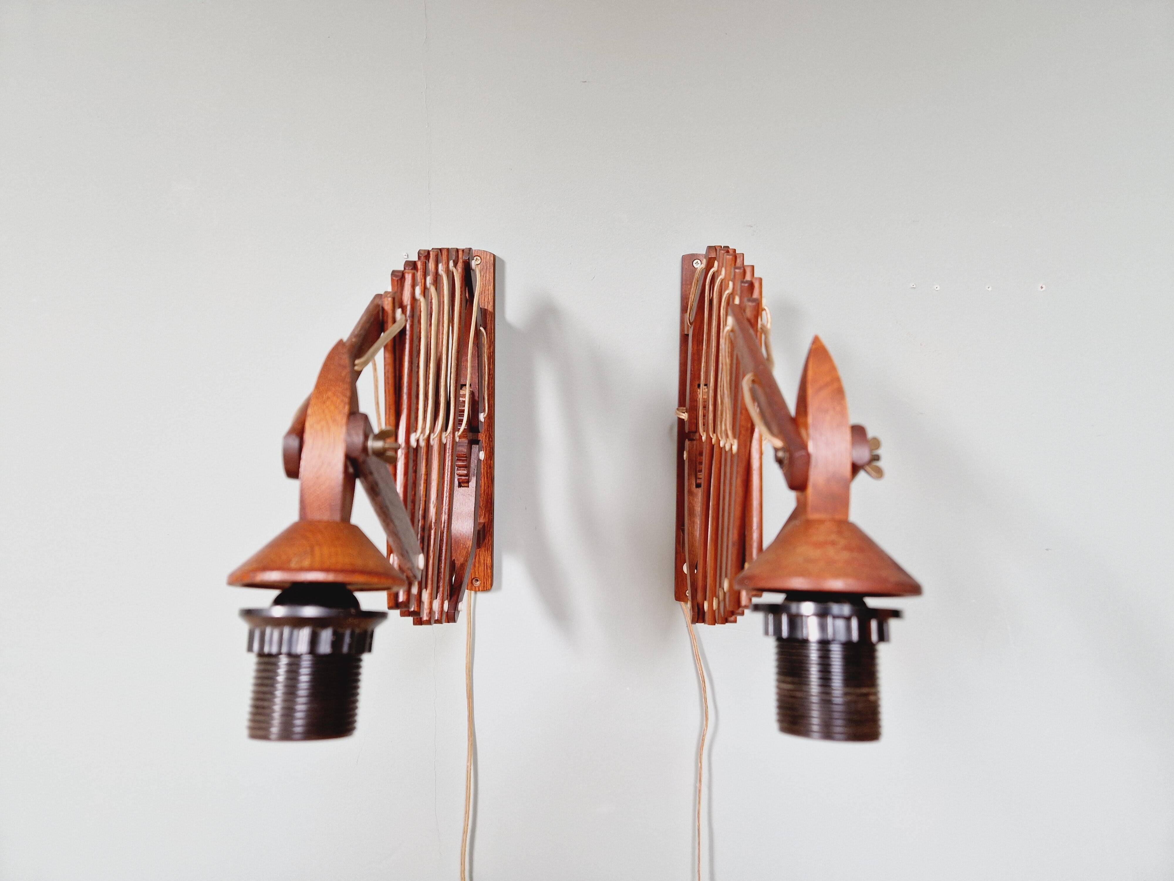 Pair of teak scissor wall lights, Scandinavian style, 1960s