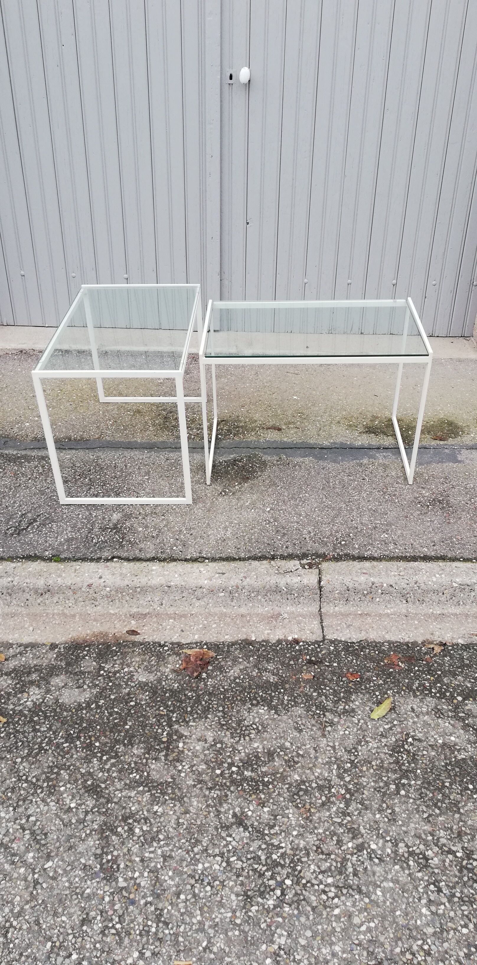 Pair of vintage metal and glass coffee tables