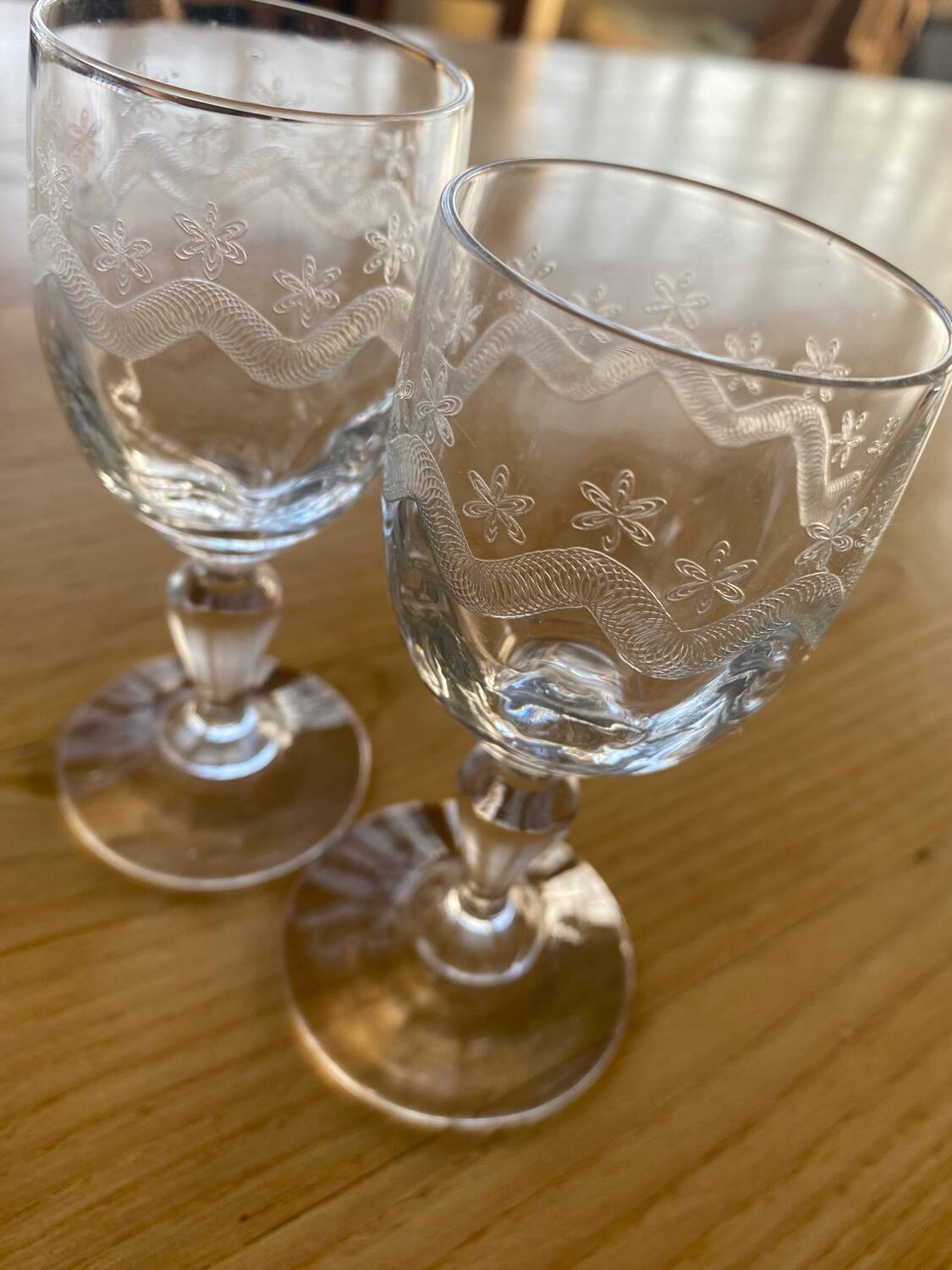 5 engraved port stemmed glasses