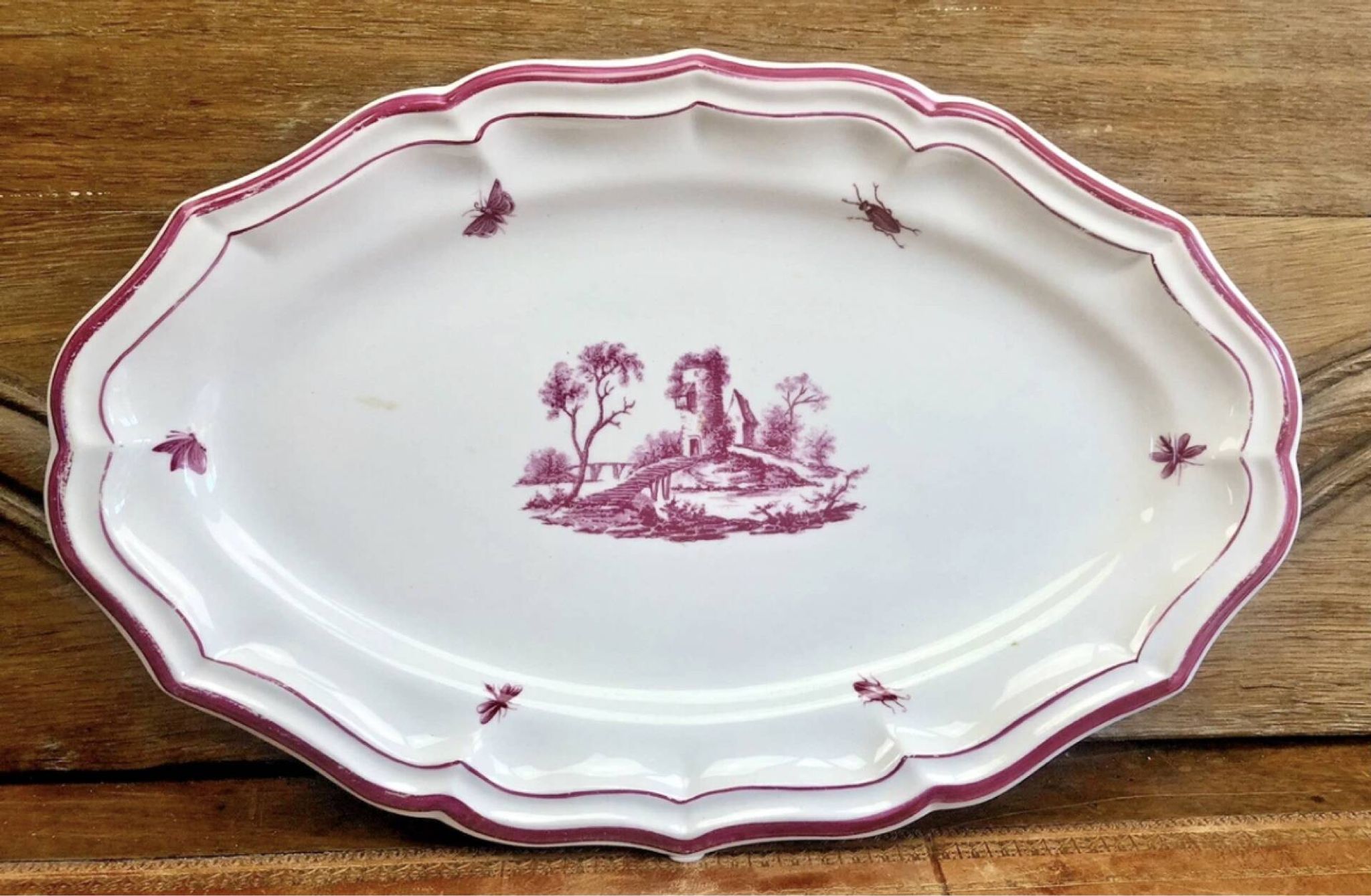 Old oblong oval dish 41.5 x 27 Gien model landscape pink 1938/1960