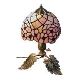 antique bronze lamp with leaf base and glass paste, art nouveau stained glass