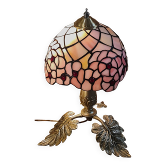 lampe bronze ancien pied feuille  et pate de verre vitrail  art nouveau