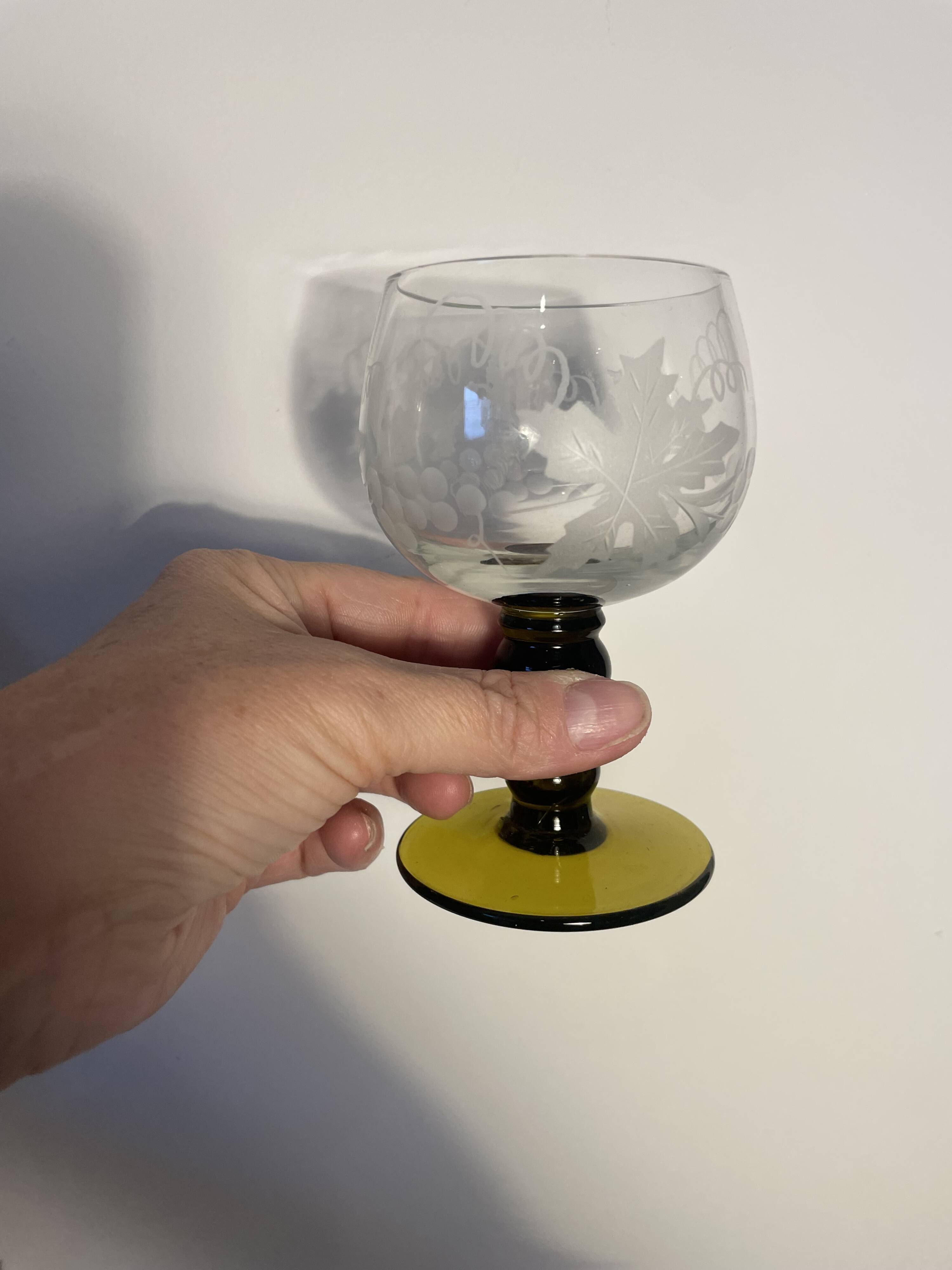 3 two-tone stemmed glasses with olive green stems