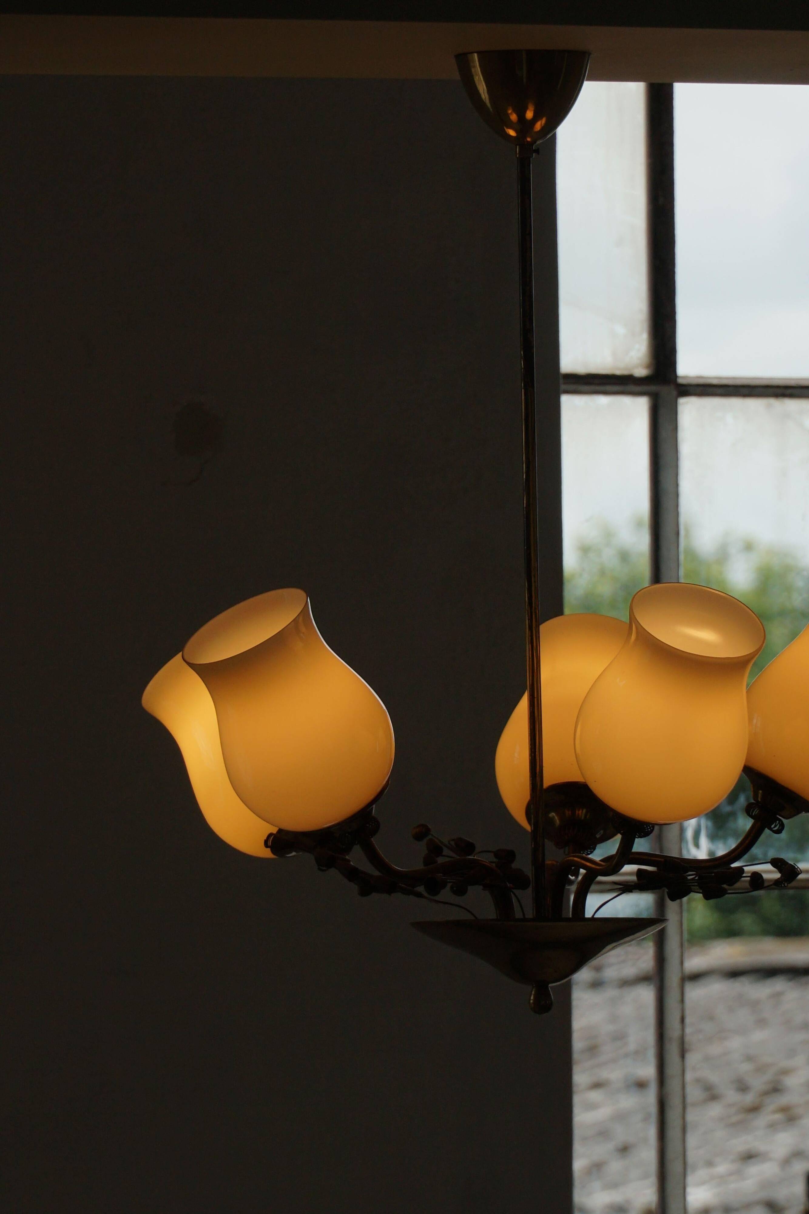 Brass and glass chandelier, Lisa Johansson-Pape for Stockmann, Finland, 1940s.