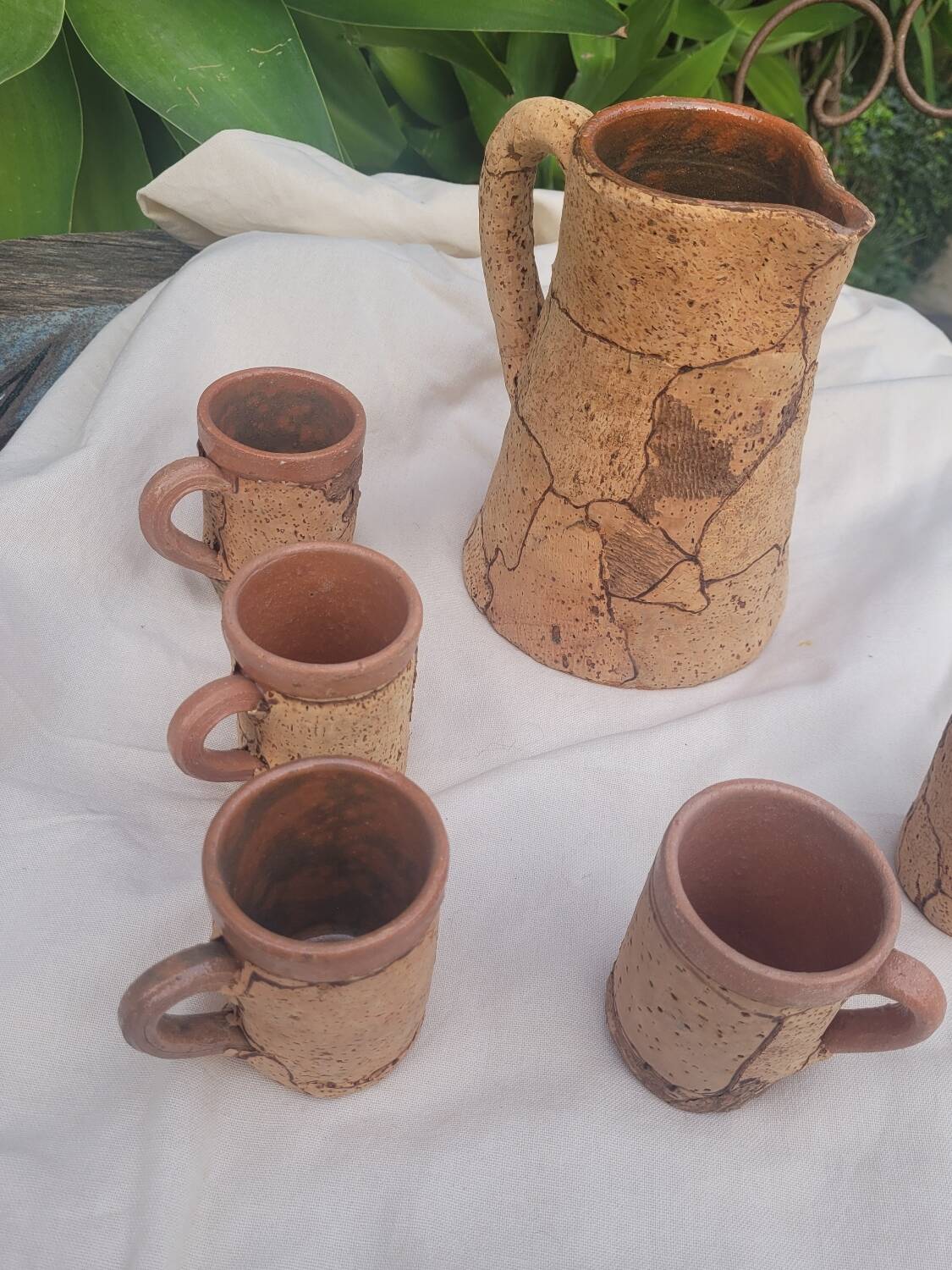 Set of old Corsican cork and terracotta handcrafted pitcher and cup