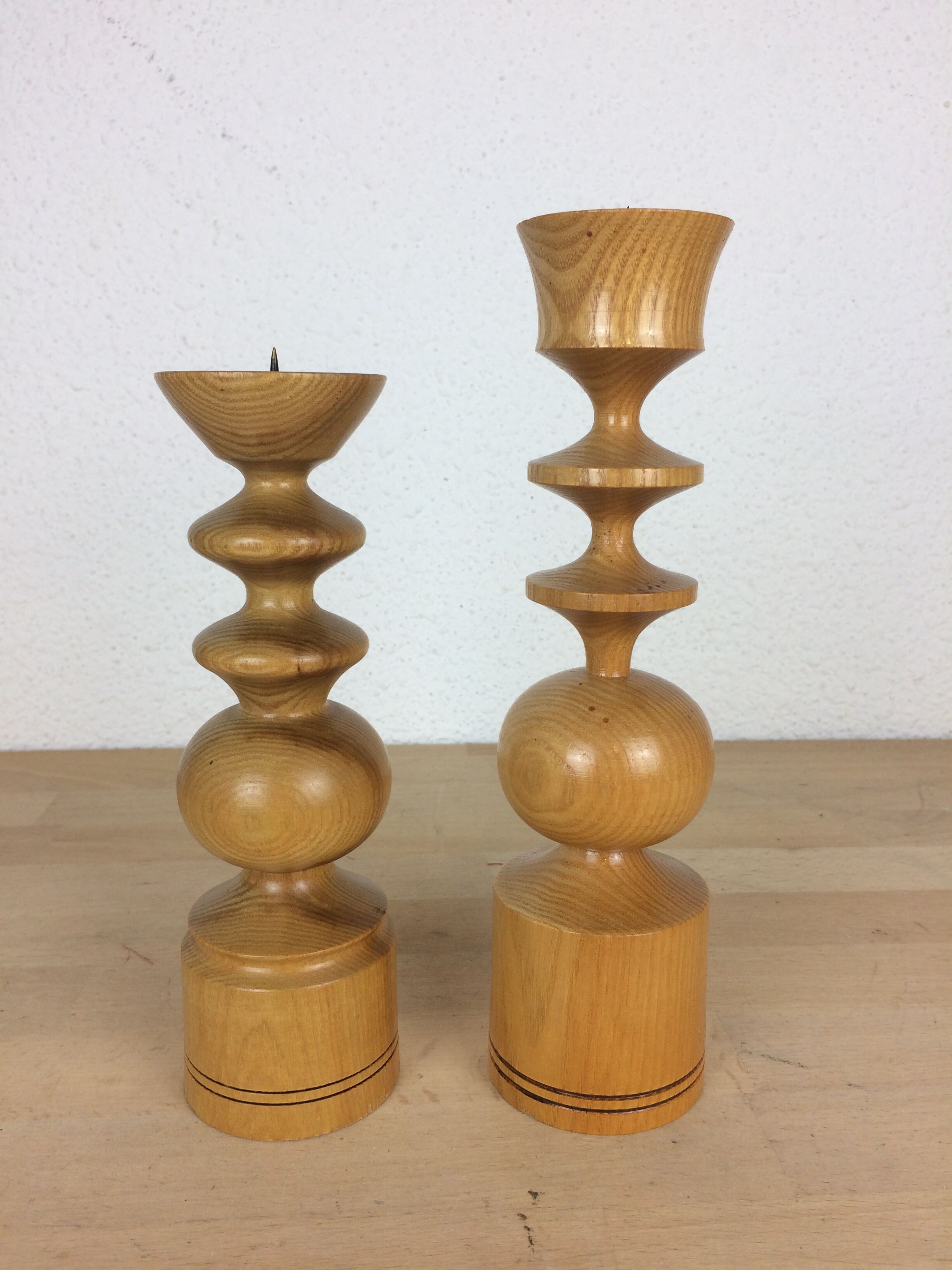 Pair of Scandinavian turned wooden candle holders