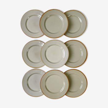9 plates in beige Tulowice mid century stoneware