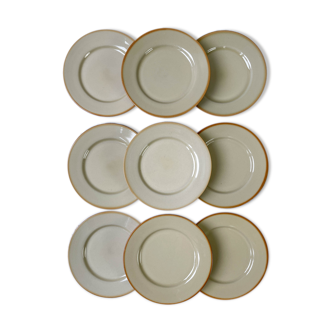 9 plates in beige Tulowice mid century stoneware