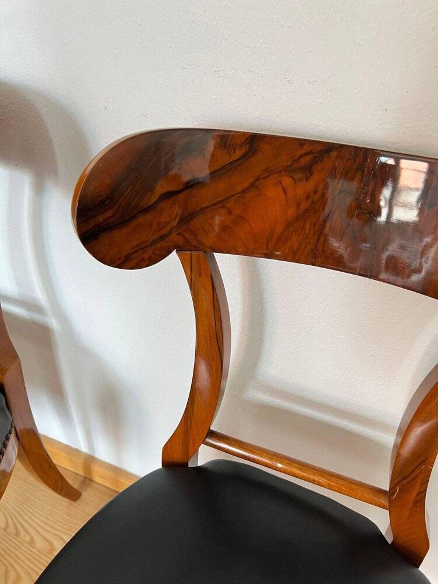 Set of Biedermeier Shovel Chairs in Walnut & Black Leather, Austria, 1820s