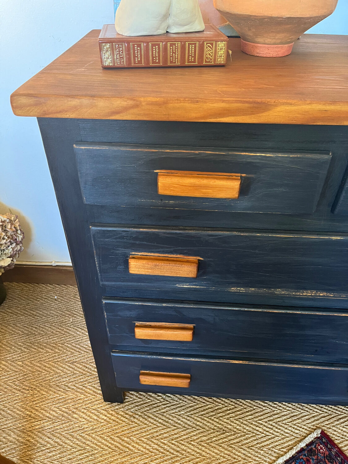 Vintage patinated black craft furniture style chest of drawers