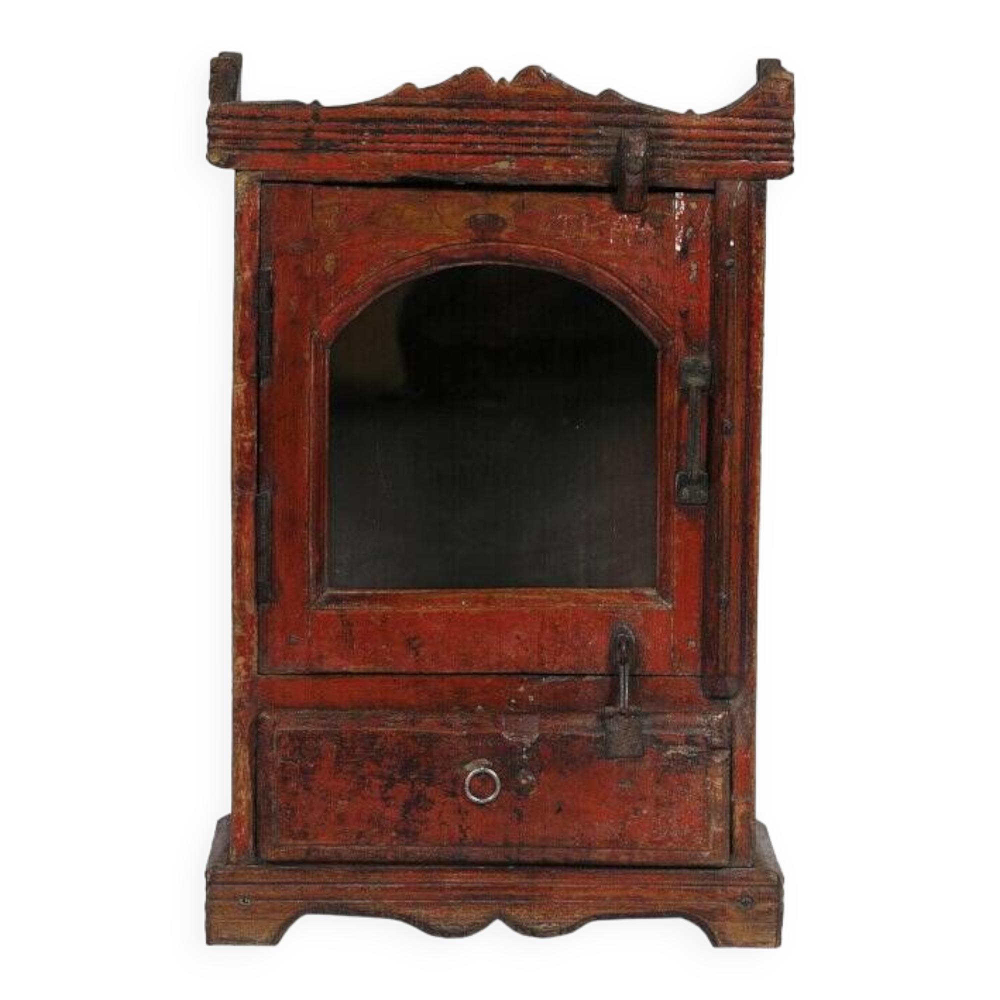 Indian red display cabinet, patinated bedside table and original teak wood part