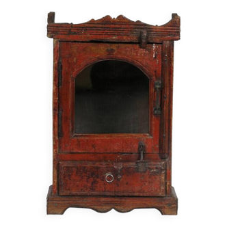 Indian red display case, patina bedside and original piece of teak wood