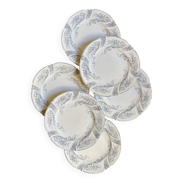6 assiettes plates Longwy en terre de fer blanche et grise, service ''Saint Cloud