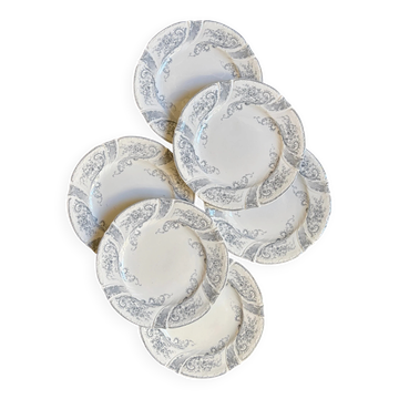 6 flat plates Longwy in white and grey ironstone, "Saint Cloud" service.