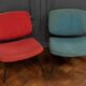 Pair of CM190 Pierre Paulin red and blue Thonet edition low chairs