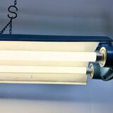 Blue industrial hanging tube light from polam gdansk, 1970s
