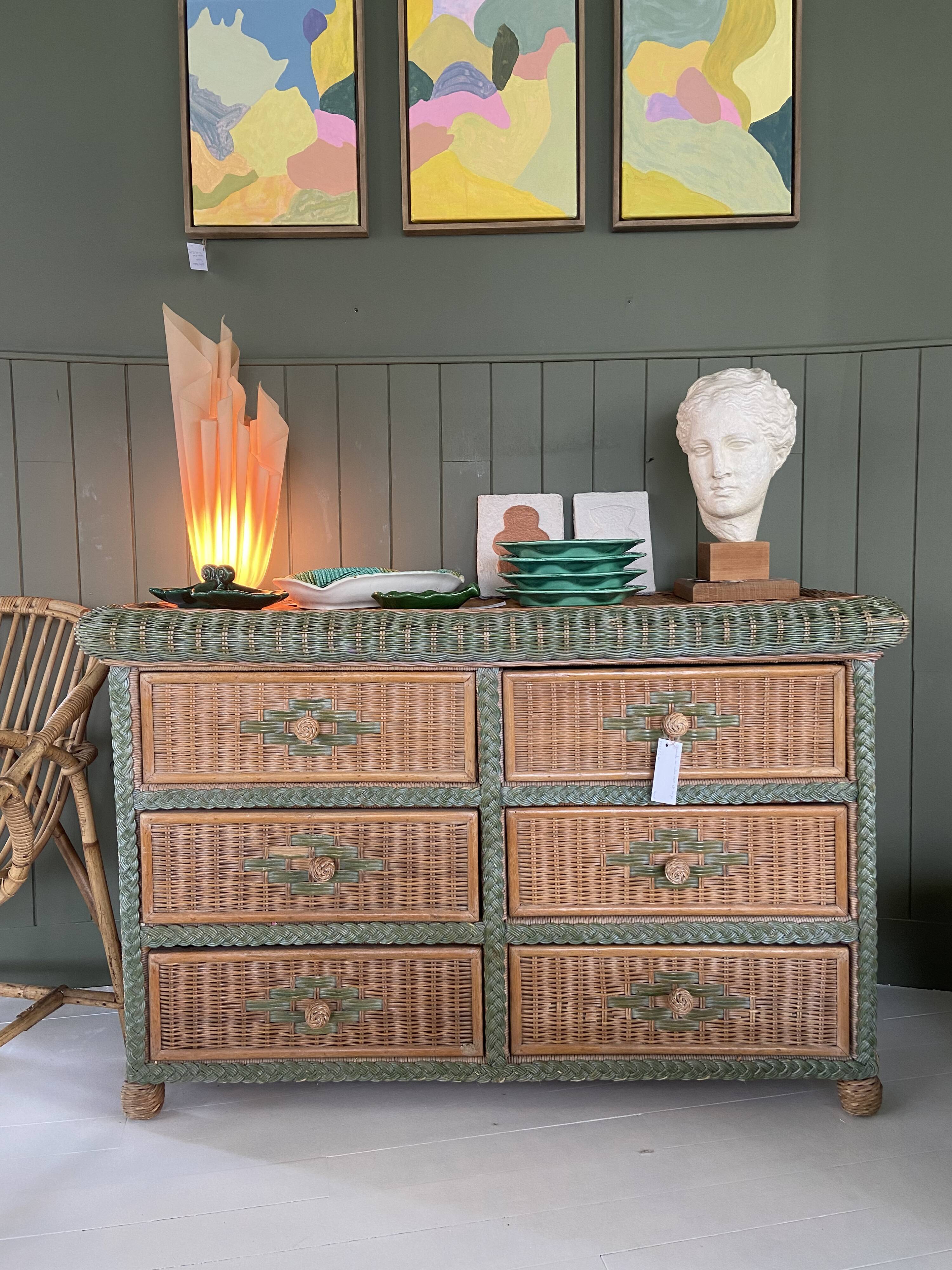 rattan chest of drawers with green details
