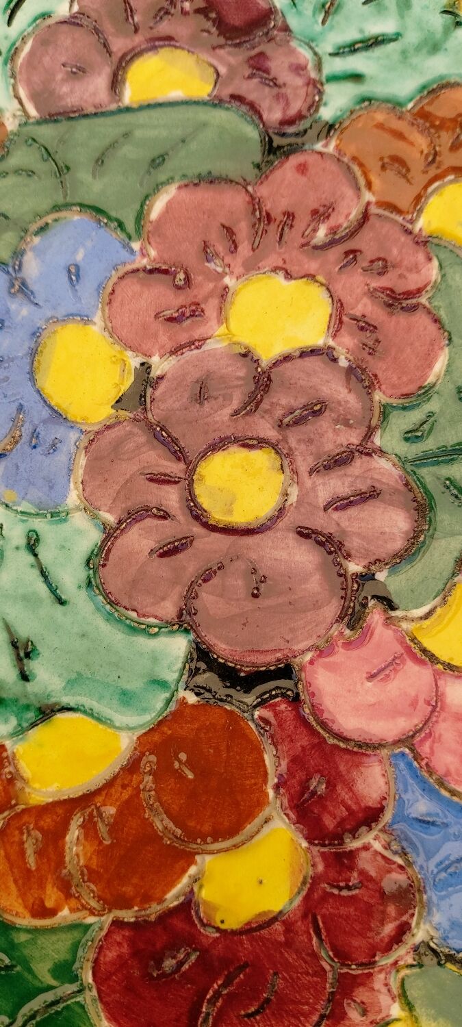 Vallauris flat Stamped numbered enamelled ?decoration of flowers