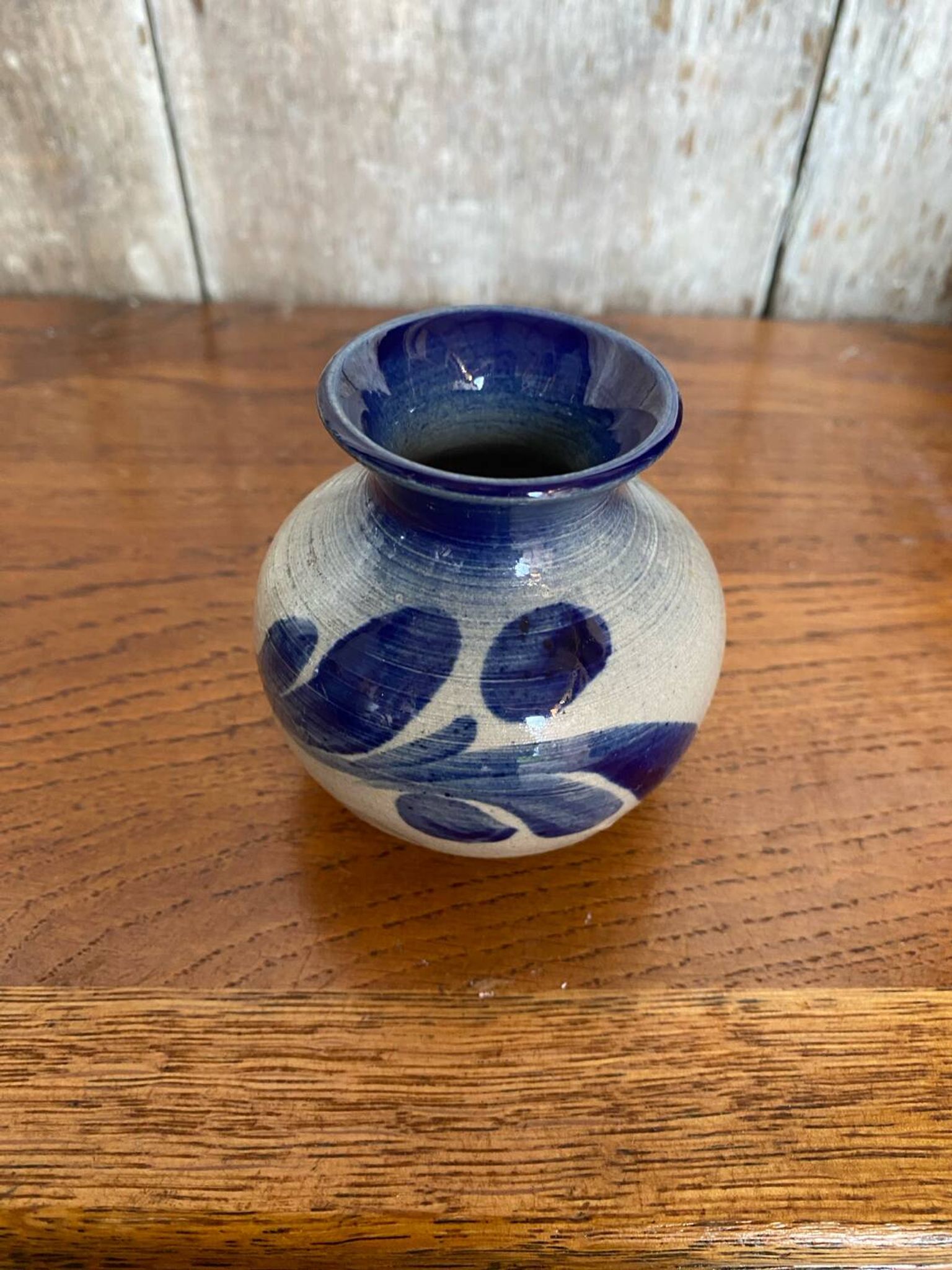 Antique alsace vase anne ehret grey blue stoneware vintage flower decor