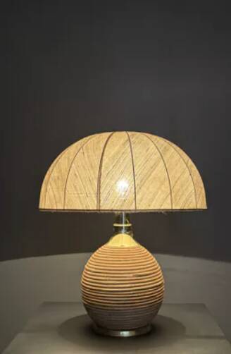 Large midcentury pencil reed rattan bamboo mushroom table lamp, 1970s