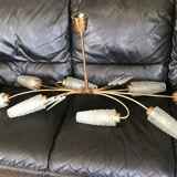 Ceiling lamp 8 tulips 1950 golden metal molded glass