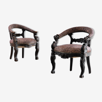 Antique renaissance style 19th century carved oak tub chairs with leopard print upholstery, set of 2