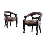 Antique renaissance style 19th century carved oak tub chairs with leopard print upholstery, set of 2