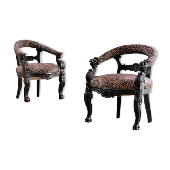 Antique renaissance style 19th century carved oak tub chairs with leopard print upholstery, set of 2