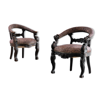 Fauteuils de style Renaissance 19ème siècle en chêne sculpté avec rembourrage imprimé léopard