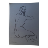 Signed watercolor painting on Denim paper portrait of a woman from behind "bath"