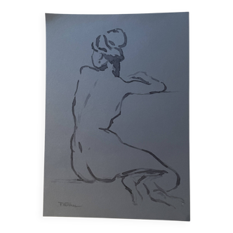 Signed watercolor painting on Denim paper portrait of a woman from behind "bath"
