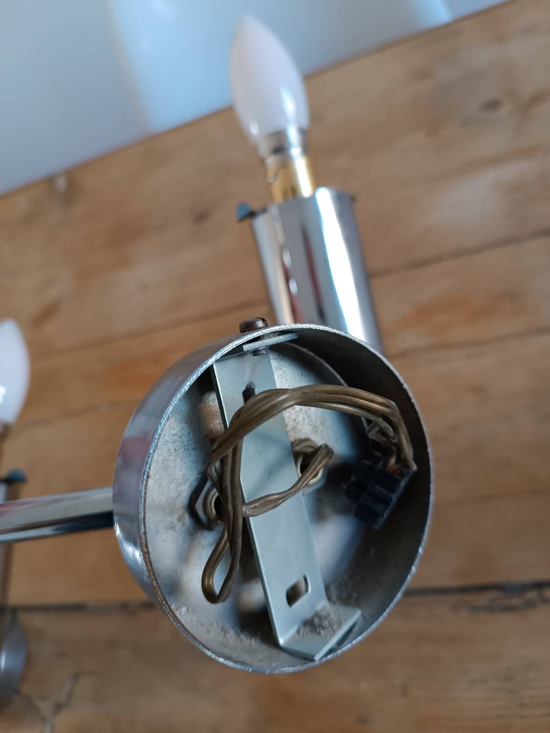 Pair of vintage wall lights in chromed metal and opaline 1970